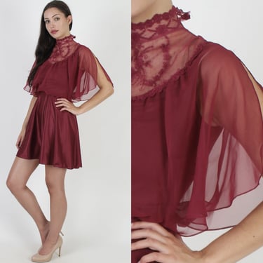 Embroidered Chiffon Split Sleeve Dress Size Small, Vintage 70s See Through Burgundy Disco Mini Dress 