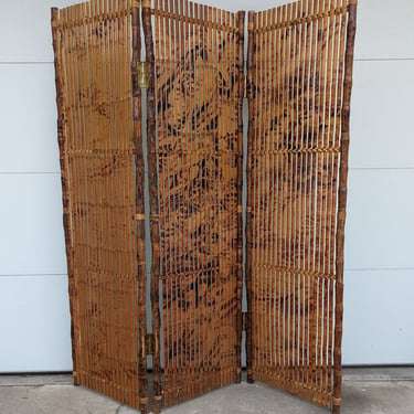 Vintage Bohemian Split Reed Burnt Bamboo 3 Panel Room Divider Screen 