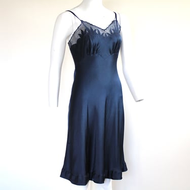 1930s Silk Charmeuse Bias Cut Navy Blue Slip with Appliquéd Net Lace - Vintage Lingerie 