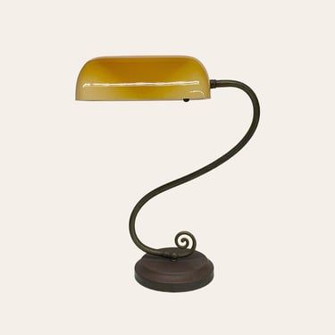 Vintage Bankers Lamp Retro 1960s Art Deco Style + Amber Orange + Glass Shade + Curved Metal Base + Desk or Office + Lighting + Lawyers Lamp 