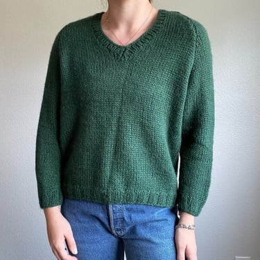 Vintage Handmade Handknit Emerald Green V Neck Cashmere Blend Sweater Sz M 