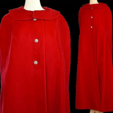 Vintage 60s Red Velvet Cape, Ankle Length Coat, Platter Collar, Rhinestone Buttons, Kristine's Kreations, Medium, Large, Extra Large 