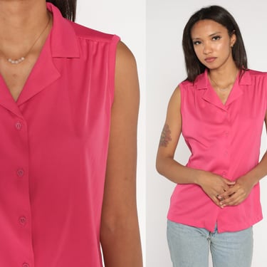 Bright Pink Tank Top 70s Blouse Collar Button up Shirt Sleeveless Collared Plain Simple Basic Retro Preppy Summer Vintage 1970s Medium Large 