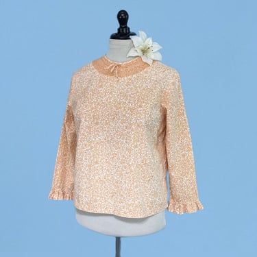 Vintage 60s Floral Cotton Blouse, Vintage 1960s Mod High Neck 3/4 Sleeve Top 