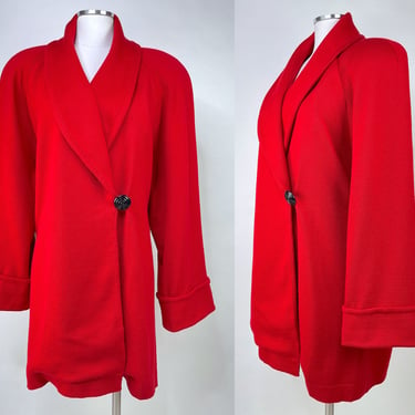 Vintage 1980s Oversized Red Knit Cardigan Sweater w Giant Bell Sleeves & Single Front Black Button | Wrap Around, Blazer, Casual, Women's 