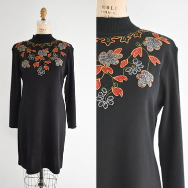 1980s/90s Carole Little Black Soutache Sweater Dress 