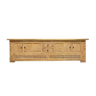 Oriental Vintage Natural Tan Geometric Carving Rough Low TV Table Cabinet cs6123E 