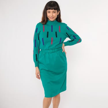 Vintage 80s Wool Sweater Dress Teal Green Graphic Print Mock Neck Belted High Waist Talbots Long Sleeve 1980s Pockets Small 6 