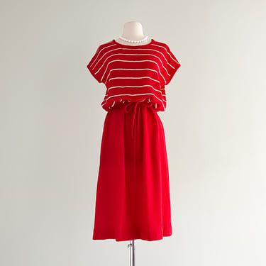 Darling 1970's Red and White Striped Knit Day Dress By Robert Arthur / Large