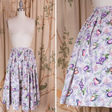 1940s Skirt - Delightful Vintage Late 40s Cotton Pique Summer Skirt with Bright Fruit Print 