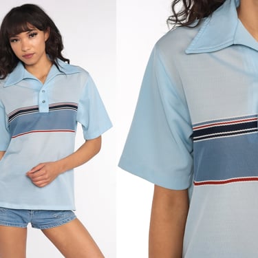 Striped Polo Shirt 70s Shirt Dagger Collar Half Button Up Shirt Blue Polo Shirt 1970s Nerd Retro Vintage Medium Large 