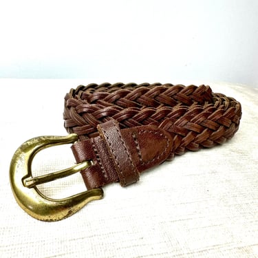 90’s braided leather belt~ dark brown with brassy buckle~ woven skinny trouser belt~ 1990s boho trend~ open size volup up to 38” 