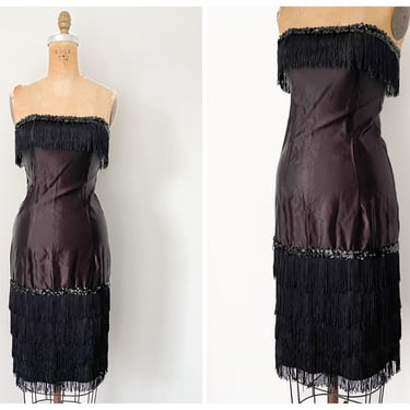 Vintage 1970’s strapless satin dress with fringe & sequin trim, flapper costume, roaring ‘20s party dress, fits ladies XXS or juniors XS 