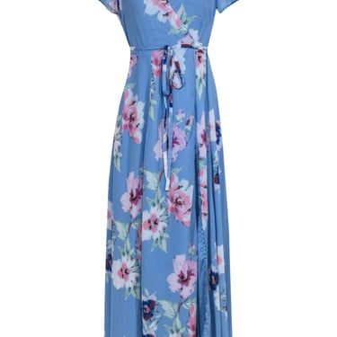 Yumi Kim - Light Blue Floral Short Sleeve Wrap Maxi Dress Sz S