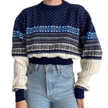 Vintage 90s Womens Rob Winter Blue Fair Isle Winter Nordic Cropped Sweater Sz M 