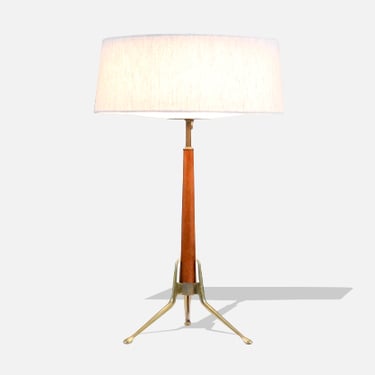 Gerald Thurston Tripod Sculpted Brass & Walnut Table Lamp