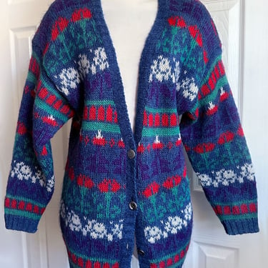 Oversized MOHAIR Cardigan Sweater, Blue Purple Fair Isle Print Vintage 1990's, 80's by KNIT KNIT Designer Wool Blend Jacket 