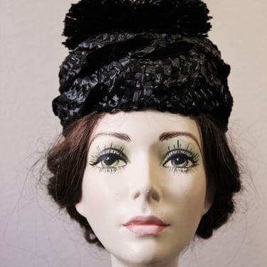 Vintage 1950s 60s Black Raffia Hat with Pom Pom Made in Italy velvet ribbon summer straw pillbox 