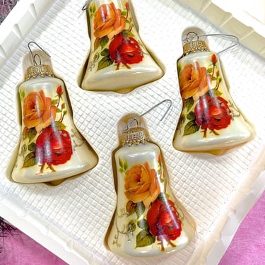 VINTAGE: 4pcs - Krebs Glass Bell Ornaments in Box - Rose Flower Ornaments - Christmas Decor - Holiday 