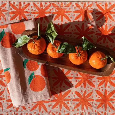 hand block printed table runner. floral dots on blush pink. boho decor. linen tablecloth. preppy beach house. pebbles. abstract. orange. 