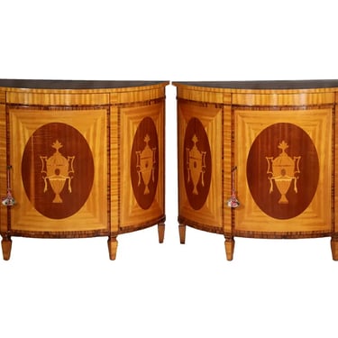 Pair of Custom George III Style Satinwood & Mahogany Demilune Cabinets