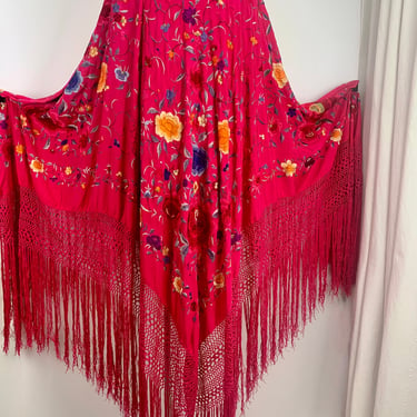 1920'S PIANO SHAWL - Hot Pink Silk - Elaborate Embroidered Flowers - Extra Long Woven Fringe - Large 106 Inch Square 
