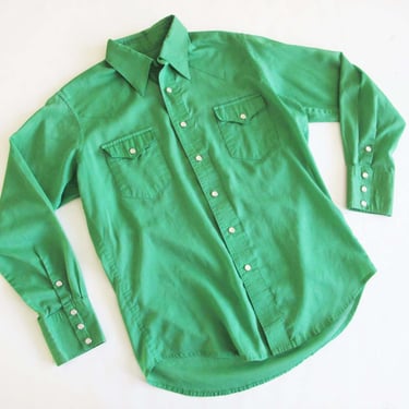 70s Green Western Pearl Snap Shirt Medium - 1970s Vintage Mens Cowboy Long Sleeve Button Up Shirt - Solid Color 