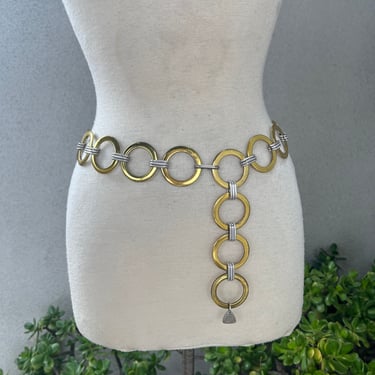 Vintage Morris Moskowitz MM chain metal circle link belt gold silver tones fits 33” 