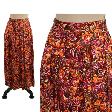 90s Rayon Floral Maxi Skirt Large, High Waist Pleated Long Flowy Skirt, Fall Orange & Maroon Print, 1990s Clothes Women Vintage WORTHINGTON 