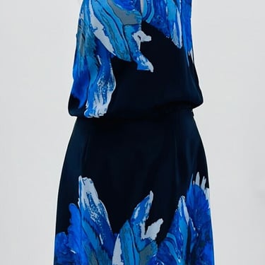 Tibi Designer Silk Dress Beautiful Lighter Blue Tones on a Navy Background Sz. 8 