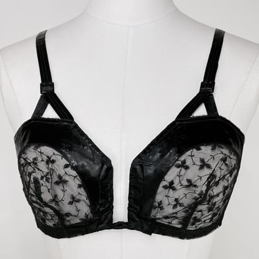 Vintage 50s Black Embroidered Marquisette Cup Wet Look Nylon Bra "Hi-Low Witchery" by Exquisite Form 34B Small | Sexy, Valentines | 1 OF 3 