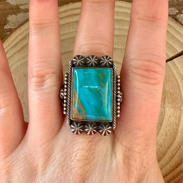 M&R CALLADITTE NAVAJO Square Turquoise Sterling Silver Mens Ring | Large Square Statement | Native American Southwestern Jewelry | Size 10 
