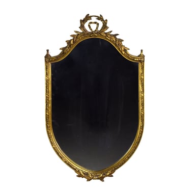 Antique Shield Form Gilt Wood Wall Mirror w Laurel Leaf Crest and Border 