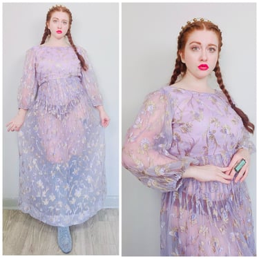 1960s Vintage Victor Costa Romantica Lavender Sheer Skirt Gown / 60s / Sixties Gold Embroidered Floral Puff Sleeve Maxi Dress / Small 
