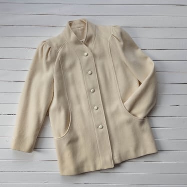 cream wool coat | 80s 90s vintage white ivory minimalist puff sleeve oversized blazer jacket 