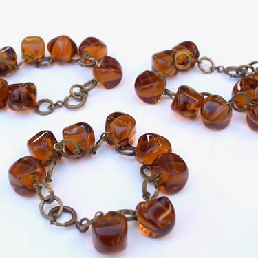 Art Deco Cognac Glass Cube Bead and Brass Bracelet - Matching Set of Three Antique Chunky Faceted Pillow Beads 