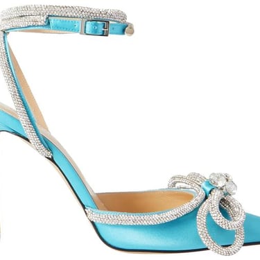 MACH & MACH Blue Double Bow Crystal-embellished Silk-satin Point-toe Pumps