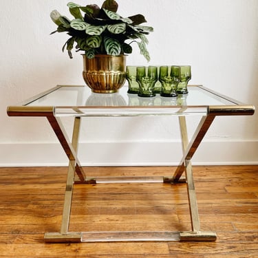 X-Base Lucite, Brass + Glass Side Table