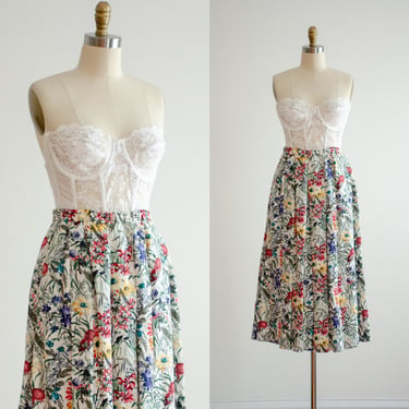 cute cottagecore skirt 80s 90s vintage Geiger white linen floral wildflower midi skirt 