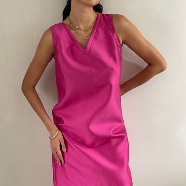 90s silk cotton mod dress / vintage hot Barbie pink silk + cotton sleeveless V neck mini shift cocktail dress | Small 