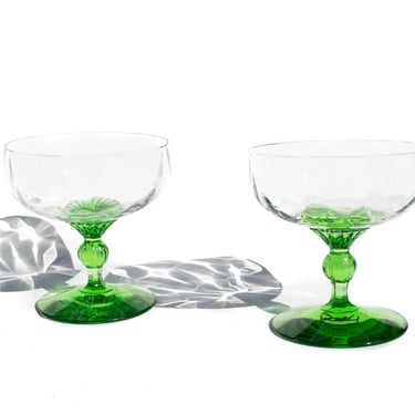 Set of 4 or 6 Vintage Champagne Glasses, Diamond Optic Stemmed Coupes, Uranium Glass, Sherbet Glasses, Vintage Tiffin, Vintage Glassware 