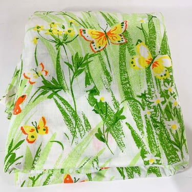 Vintage Floral Flat Sheet Queen Butterflies Yellow Blue Green Cottage Country Farmhouse 1960s 