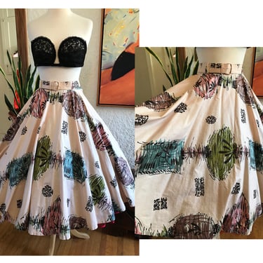 Awesome 1950s Mid Century Modern Asian Inspired  Novelty Print Circle Skirt with Matching belt! -- Size Medium 