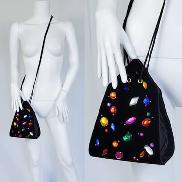 1980's Triangle Black Velvet Rainbow Gemstone Purse I Bag I Evening 