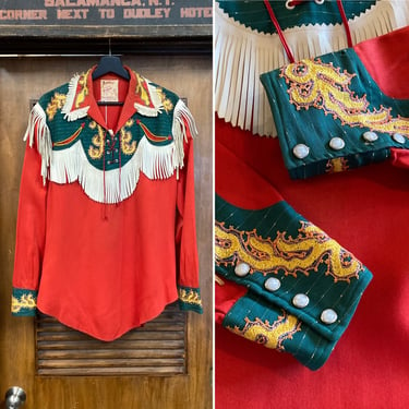 Vintage 1940’s Amazing Western Cowboy Rayon Gabardine Fringe Rockabilly Lace-Up Stage Shirt, 40’s Vintage Clothing 