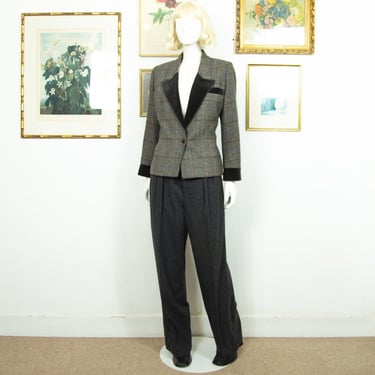 Vintage 1980s Wool Silk Blend Single Breasted Blazer Velvet Collar Size S UK 10 