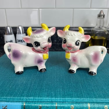 Vintage Figural Baby "Cow" Salt & Pepper Shakers | Anthropomorphic Purple Pink, Yellow Bell and Horns Shakers | Hand Painted Ceramic 