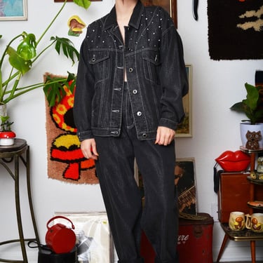 Vintage 90s Y2K Carole Little Black Denim Duo Set – Beaded Jacket & High-Waisted Pants – Size 8 