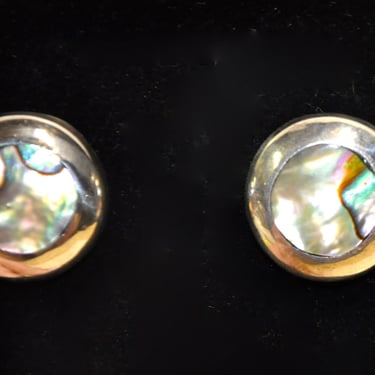 Beautiful Solid Sterling Silver Clip On Earrings Taxco Mexico Abalone Center Circa 1949 Mint Condition Comfortable Timeless Gift for Her 