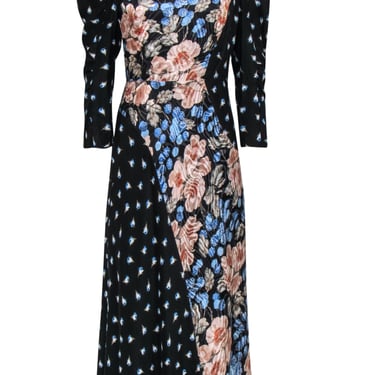 Rebecca Taylor - Black, Blue & Pink Patchwork Floral Print Puff Sleeve Maxi Dress Sz 6